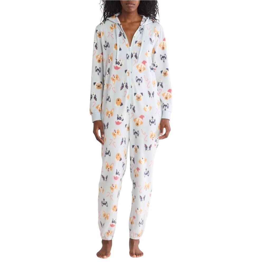 Abound Women's Light Blue Dog Print Poly/Spandex Fleece Hooded Romper One Piece